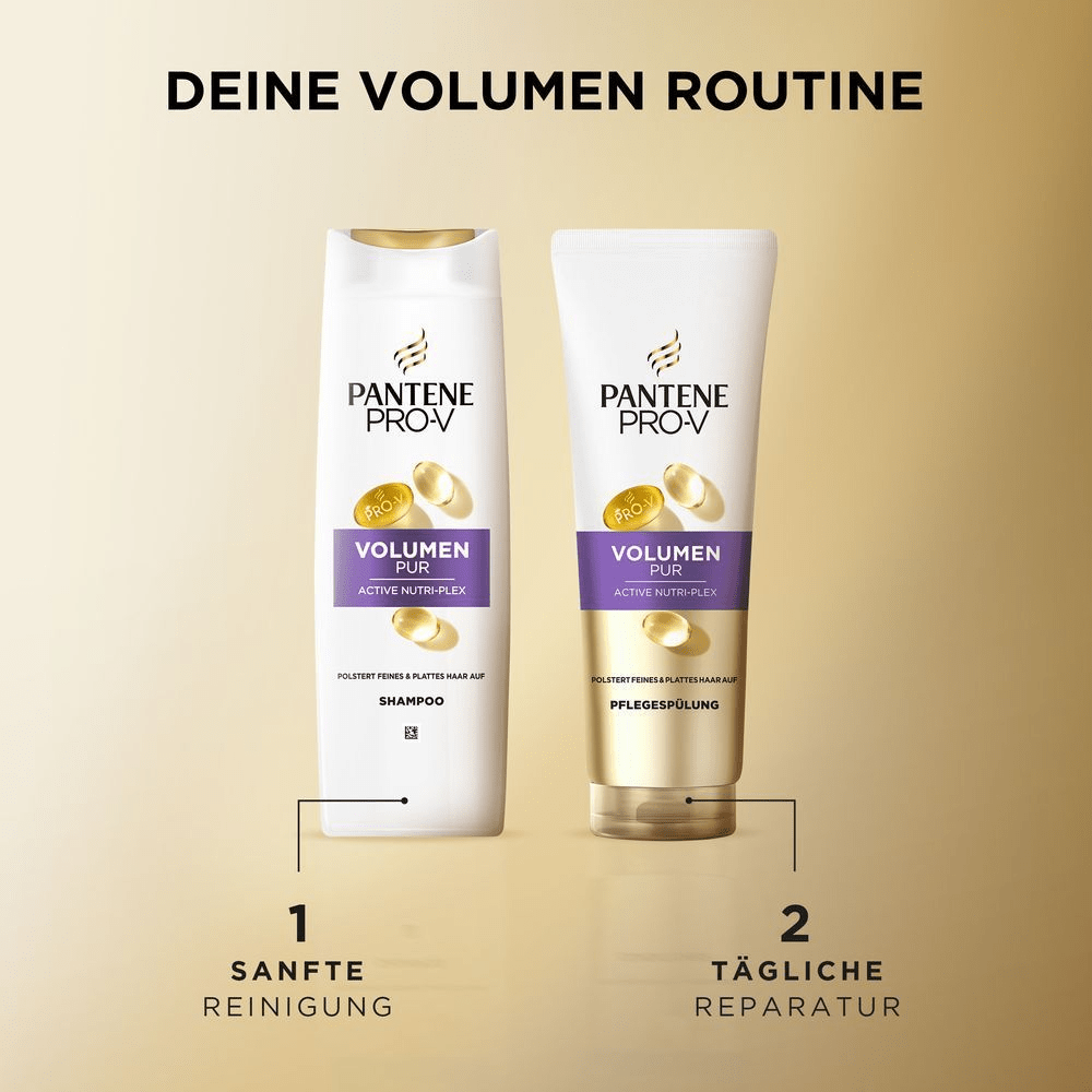Pantene Pro-V Volumen Pur Routine für feines Haar: Sanfte Reinigung mit Shampoo, gefolgt von täglicher Reparatur mit Pflegespülung.
