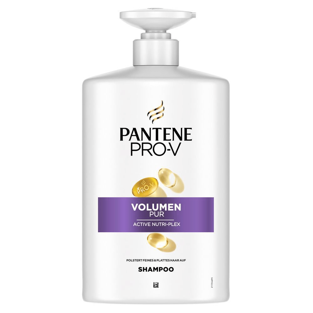 Pantene Pro-V Volumen Pur Shampoo, das feines und plattes Haar aufpolstert, in einer weißen Flasche mit Pumpspender.;
