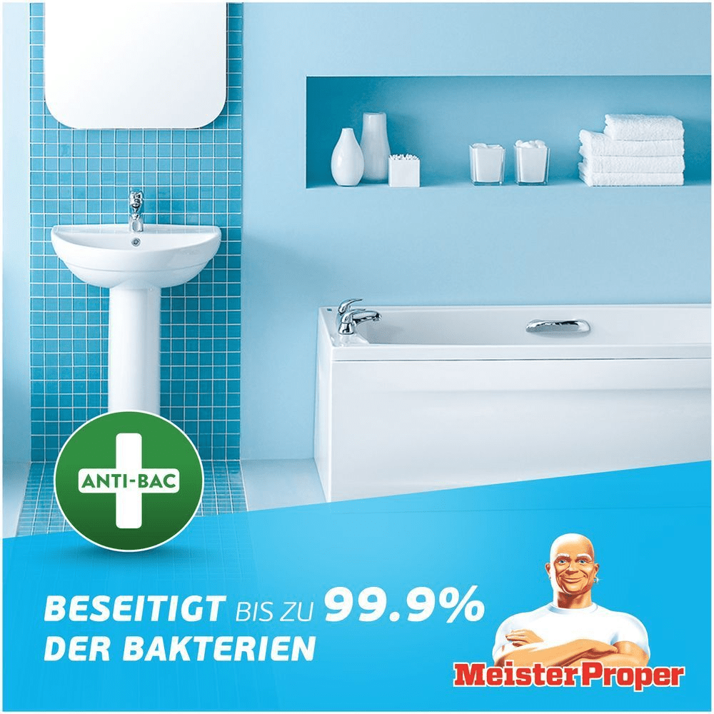 Sauberes Badezimmer mit Waschbecken, Badewanne und dem Versprechen, dass Meister Proper Bakterien beseitigt.