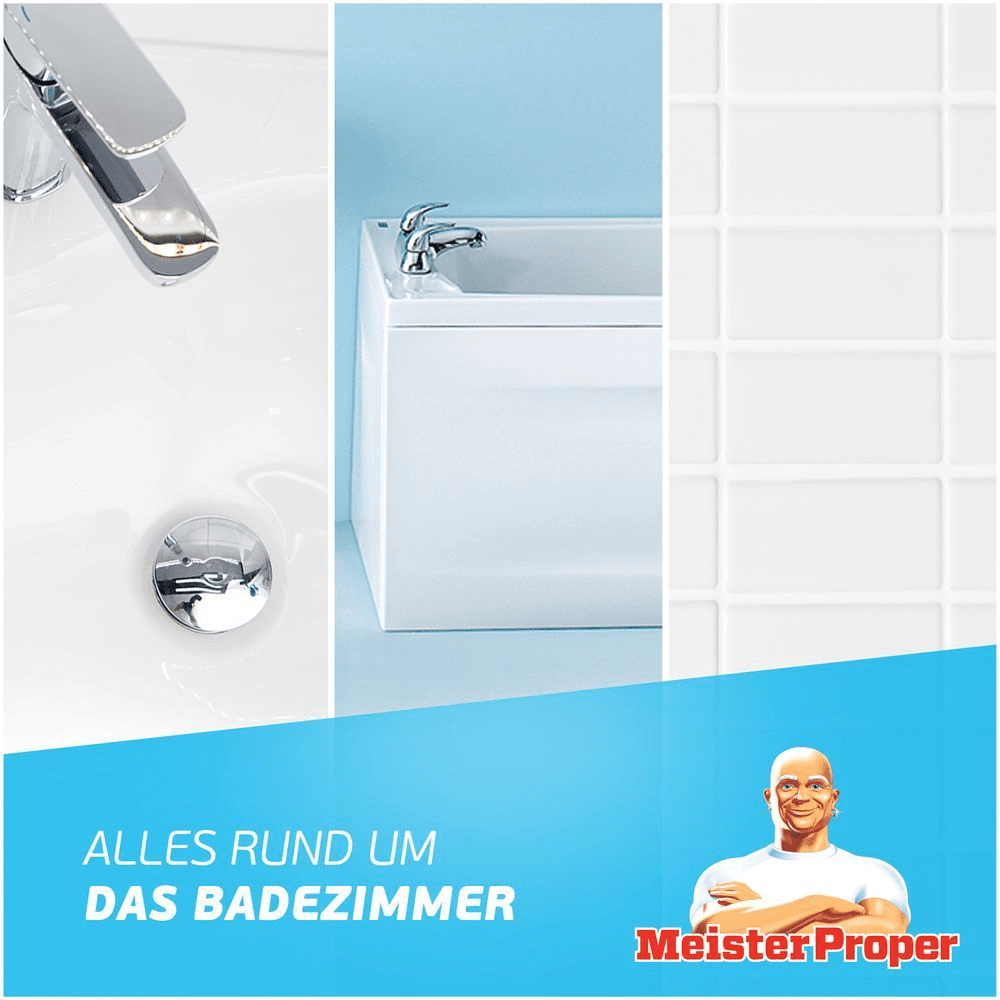 Meister Proper sorgt für ein sauberes Badezimmer, wie Waschbecken, Badewanne und Fliesen im Bild gezeigt.