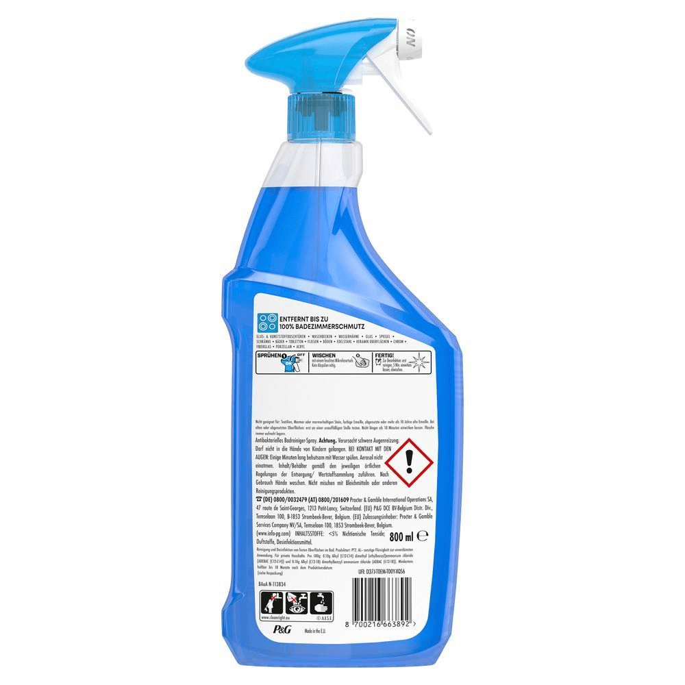 Meister Proper Badreiniger Badezimmerspray, Rückseitenetikett mit Warnhinweisen, 800ml.