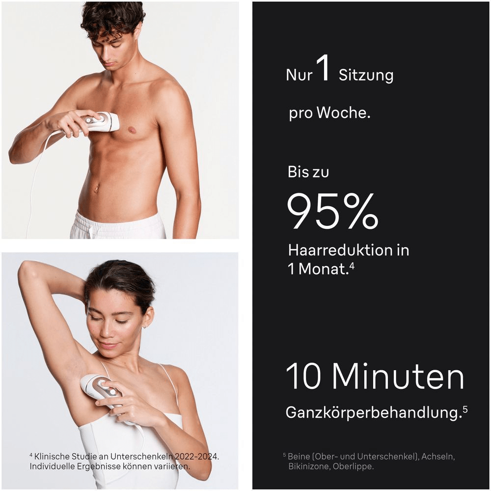 Haarreduktion mit Braun IPL: Sichtbare Ergebnisse nach der ersten Sitzung vs. haarfreie Haut nach 12 Sitzungen.