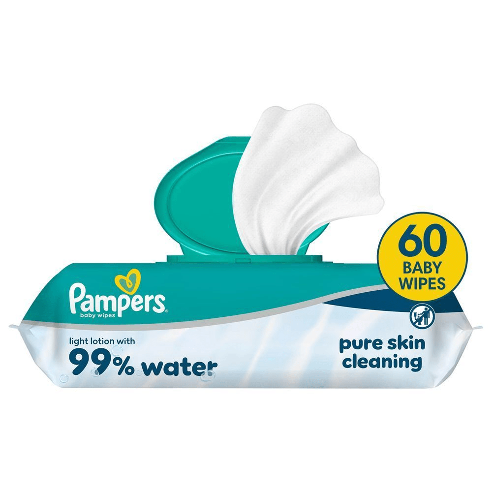 Pampers 99% Water Feuchttücher, 60 Stück, mit leichter Lotion mit 99% Wasser für eine natürliche Hautreinigung. [EN] Pampers baby wipes 60-pack, highlighting its 99% water content for pure skin cleaning. [RO] Șervețele pentru bebeluși Pampers, loțiune ușoară cu 99% apă și ambalaj ce menționează 60 de șervețele. [SV] Pampers Baby Wipes-förpackning med lätt lotion, innehåller 60 stycken och är gjorda med 99% vatten för en ren hud. [HR] Pampers vlažne maramice, pakiranje od 60 komada, s 99% vode za čisto čišćenje kože. [CS] Pampers dětské ubrousky s jemným mlékem a 99 % vody, 60 kusů. [HU] Pampers bébitörlők 99% vízzel, könnyű krémmel, tiszta bőrtisztítással. [SK] Pampers detské obrúsky s 99% vody, 60 kusov. [SL] Pampers vlažilni robčki s 99% vode. [FI] Pampers-vauvanpyyhkeet kevyellä voiteella, sisältää 99 % vettä, pakkauksessa 60 pyyhettä. [NO] Pampers baby wipes-pakning, fremhever at våtserviettene inneholder 99% vann og at pakken inneholder 60 våtservietter.
