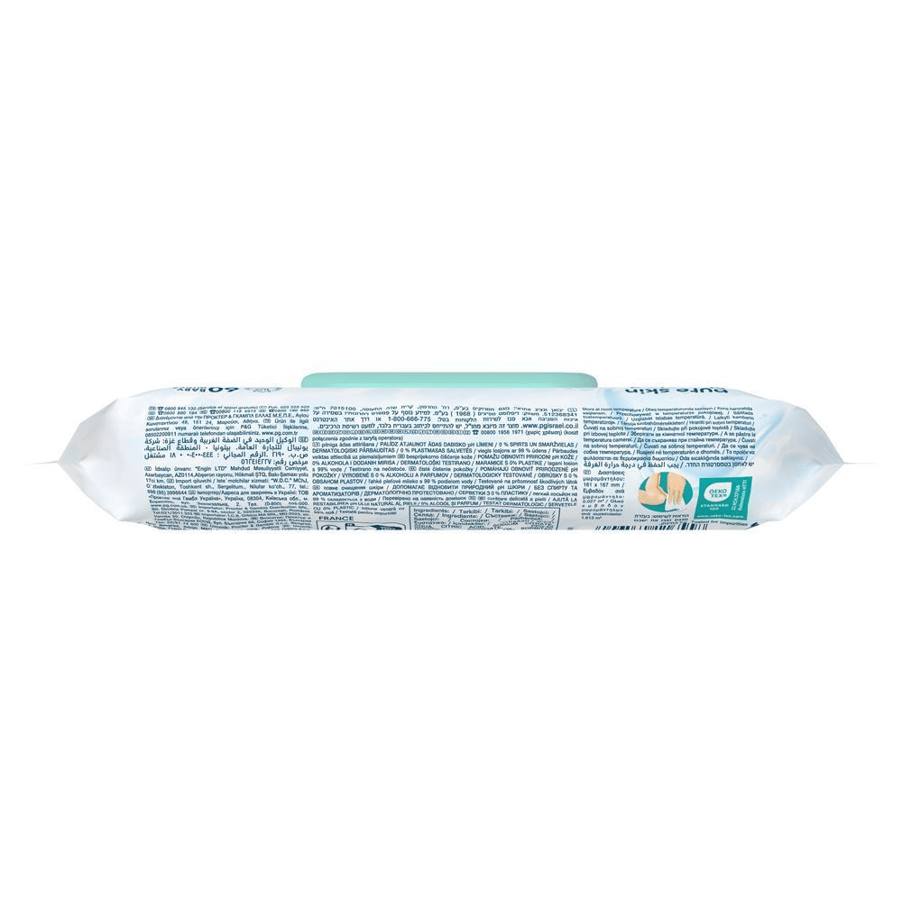 Pampers Pure Skin Feuchttücher in der Verpackung, die mit 0% Alkohol und Parfum wirbt. [EN] Pampers Pure Skin baby wipes packaging, with 0% Plastic claim and OEKO-TEX Standard 100 certification. [RO] Pachet de șervețele Pampers Pure Skin, evidențiind faptul că ajută la restabilirea pH-ului natural al pielii. [SV] Pampers pure skin våtservetter, 0% alkohol och parfym. [HR] Pampers Pure Skin vlažne maramice, pakiranje s oznakom Oeko-Tex Standard 100 i dermatološki testiranom formulom. [CS] Pampers Pure Skin ubrousky, bez alkoholu a parfémů. [HU] Pampers Pure Skin nedves törlőkendő csomag, bőrgyógyászatilag tesztelve. [SK] Pampers Pure Skin vlhčené obrúsky, 0% alkoholu a parfémov. [SL] Pampers Pure Skin vlažilni robčki, 0% alkohola in dišav za nežno kožo. [FI] Pampers Pure Skin -pyyhepakkaus, OKEO-TEX Standard 100 -sertifioitu. [NO] Pampers Pure Skin våtservietter, uten alkohol og parfyme.