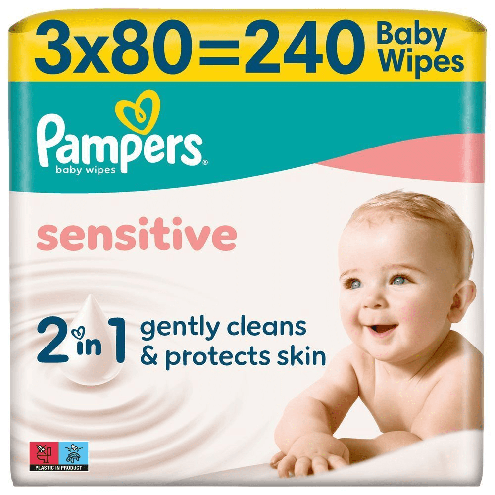 Pampers Sensitive Feuchttücher, 3x80 = 240 Stück, 2-in-1 sanfte Reinigung & Hautschutz. [SV] Pampers Sensitive baby wipes, 3-pack med 80 stycken per förpackning, 2-i-1 rengöring som skonsamt rengör och skyddar huden. [HR] Pampers Sensitive maramice, 2u1 nježno čisti i štiti kožu. [CS] Pampers sensitive dětské ubrousky, 240 ks, 2v1 jemně čistí a chrání. [HU] Pampers Sensitive baba törlőkendő, 240 db, gyengéden tisztít és védi a bőrt. [SK] Pampers Sensitive detské obrúsky, 240 ks, 2v1, jemne čistia a chránia pokožku. [SL] Pampers Sensitive vlažilni robčki, 240 kosov, nežno čisti in ščiti kožo. [FI] Pampers Sensitive -vauvanpyyhkeiden pakkaus, jossa korostetaan 2-in-1 ominaisuutta: hellävarainen puhdistus ja ihon suojaus. [NO] Pampers Sensitive babwipes, 3 pakker med 80 våtservietter hver, 2 i 1 rengjøring som skånsomt renser og beskytter huden.