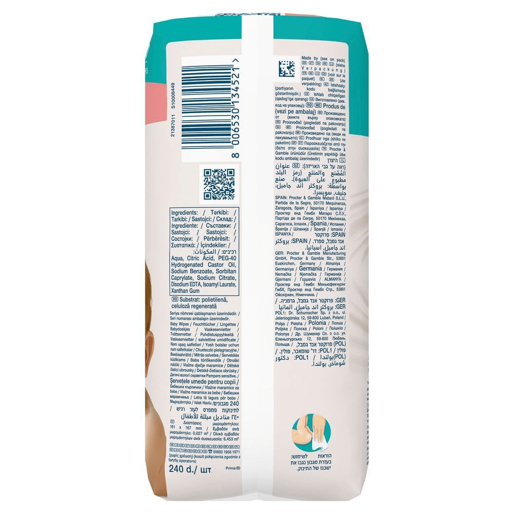 Pampers Feuchttücher Packung, hervorhebend 240 Stück für empfindliche Babyhaut. [SV] Pampers Sensitive våtservetter, 240 stycken, avsedda för känslig babyhud. [HR] Pampers vlažne dječje maramice, pakiranje 240 komada. [CS] Pampers Sensitive vlhčené ubrousky, balení s 240 ks. [HU] Pampers nedves törlőkendő csomagolás, 240 db. [SK] Pampers Sensitive vlhčené obrúsky, balenie 240 kusov. [SL] Pampers Sensitive robčki za dojenčke, 240 kosov. [FI] Pampers-vauvapyyhkeiden pakkaus, jossa on 240 pyyhkeen pakkauskoko ja teksti herkälle iholle hepreaksi. [NO] Pampers våtservietter for sensitiv hud, 240 stk, med ingrediensliste og bruksanvisning på pakken.