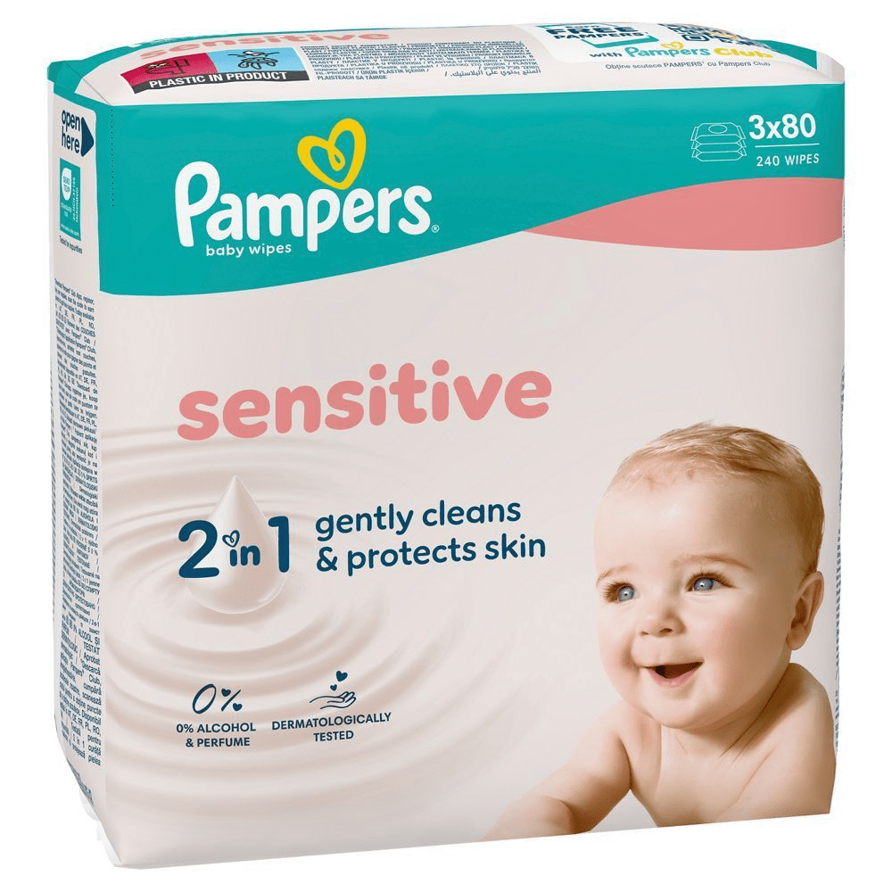 Pampers Sensitive Feuchttücher, 3x80 Packung, bewirbt 2 in 1, sanfte Reinigung und Schutz der Haut. [SV] Pampers Sensitive baby wipes, 3x80-pack, med texten 2 in 1 gently cleans & protects skin och 0% alcohol & perfume. [HR] Pampers Sensitive vlažne maramice, 2u1 nježno čiste i štite kožu. [CS] Pampers Sensitive vlhčené ubrousky 2v1: jemně čistí a chrání pokožku. [HU] Pampers Sensitive baba törlőkendő: 2 az 1-ben gyengéden tisztít és véd. [SK] Pampers sensitive vlhčené obrúsky, 2v1 jemne čistia a chránia pokožku, 240 ks. [SL] Pampers Sensitive robčki za dojenčke, 2v1 nežno čisti in ščiti kožo, 0% alkohol, 240 kos. [FI] Pampers Sensitive -vauvanpyyhepakkaus, jossa korostetaan, että tuote puhdistaa ja suojaa ihoa hellävaraisesti. [NO] Pampers Sensitive baby wipes, 3 pakning med 240 våtservietter, 2 i 1 som skånsomt renser og beskytter huden.