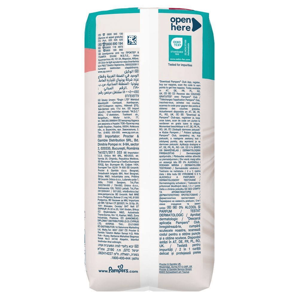 Pampers Verpackung mit dem Hinweis OEKO-TEX Standard 100: Getestet auf Schadstoffe. [HR] Pampers pakiranje s istaknutom tvrdnjom 0% alkohola i dermatološki testirano. [CS] Obal plenek Pampers s certifikací OEKO-TEX STANDARD 100 Testováno na škodliviny. [HU] Pampers pelenka csomagolás, OEKO-TEX Standard 100 minősítéssel a szennyeződések ellen. [SK] Pampers balenie s certifikáciou OEKO-TEX Standard 100. [SL] Pampers embalaža, označena z OEKO-TEX Standard 100 za testiranje na škodljive snovi.