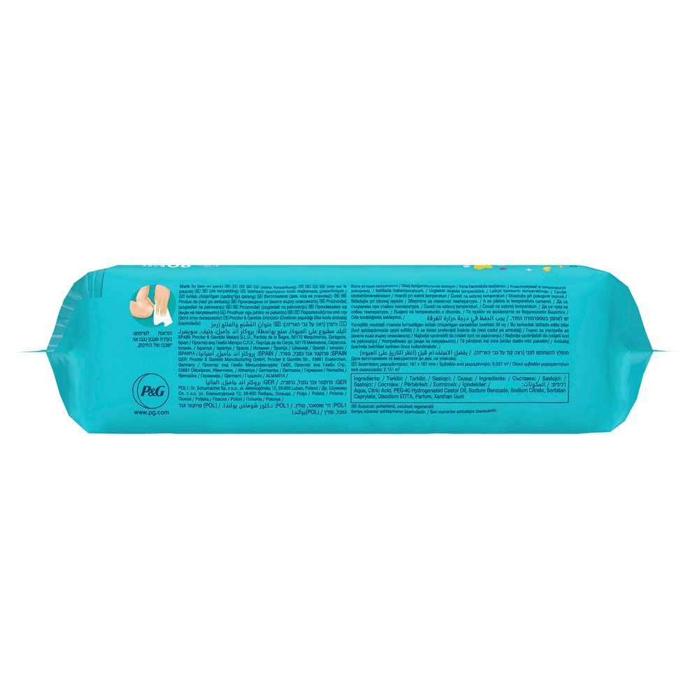 Pampers Feuchttücher-Packung, hervorgehoben ist der Hinweis zur Reinigung des Baby-Popos. [CS] Pampers vlhčené ubrousky, zadní strana balení s ilustrací jemného čištění dětské pokožky. [HU] Pampers nedves törlőkendő türkizkék csomagolása, amely a bababőr gyengéd és kíméletes tisztítását ábrázolja illusztrált babalábakkal. [SL] Pampers vlažilni robčki embalaža, ki prikazuje dojenčkove noge in roke za nežno čiščenje.