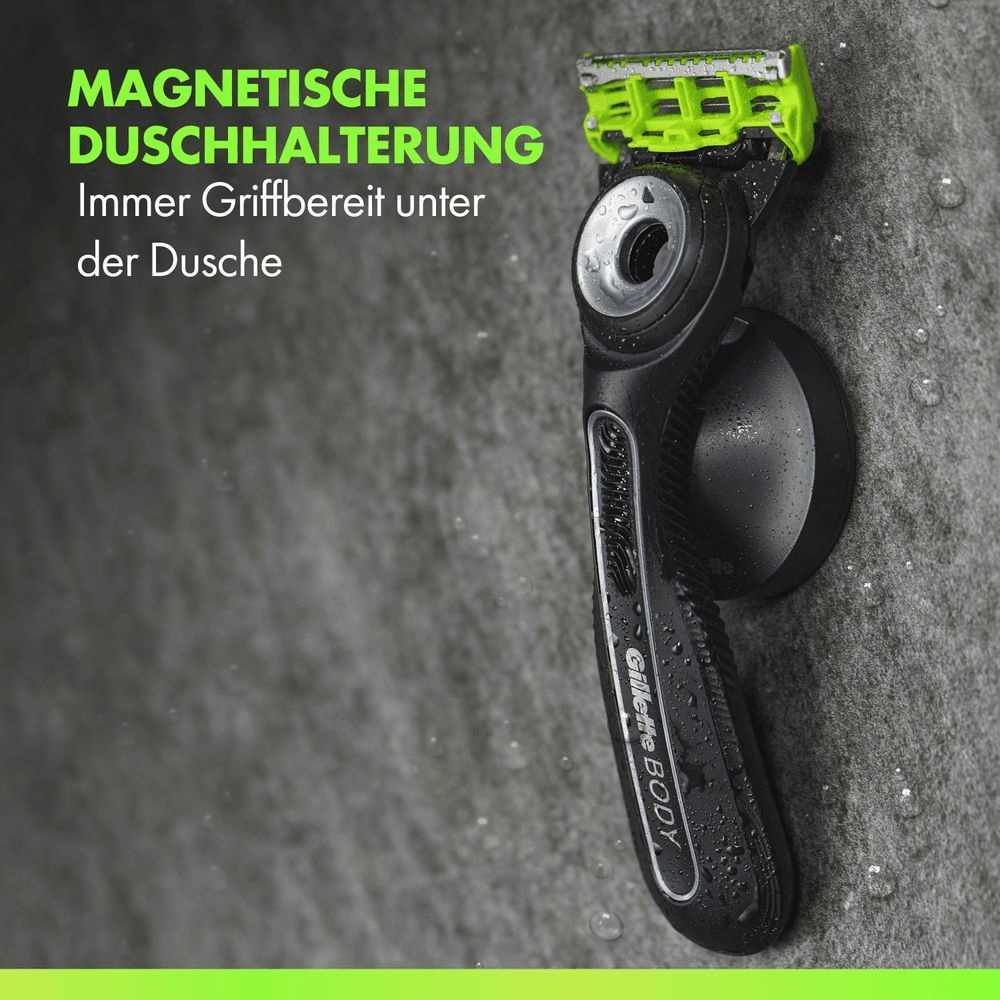 Gillette Labs Body Rasierer in einer magnetischen Duschhalterung.