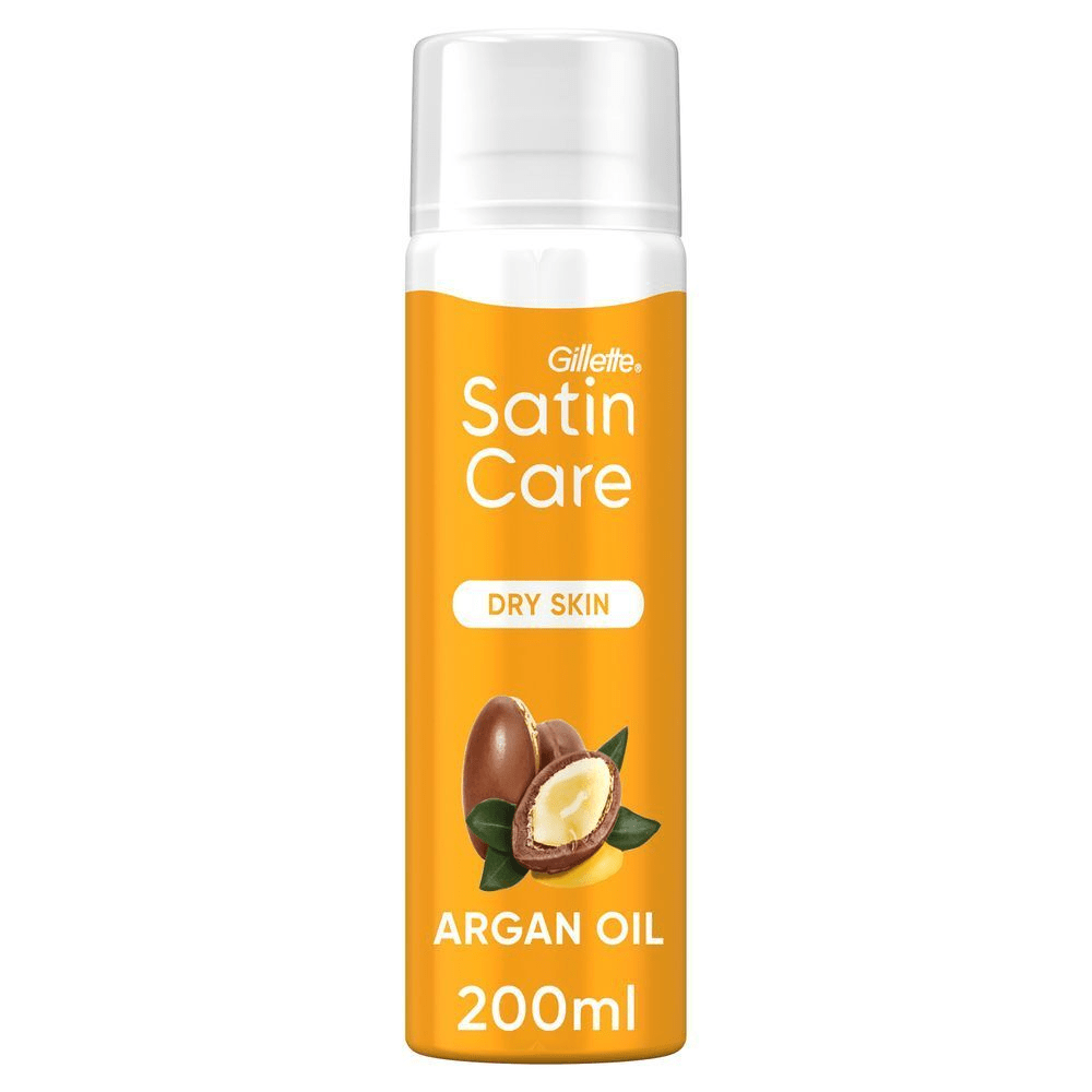 Satin Care Rasiergel für trockene Haut mit Arganöl, abgebildet in der 200ml-Verpackung.