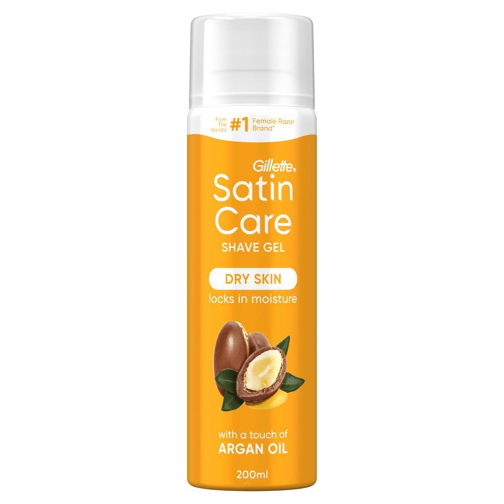 Satin Care gel à raser pour peau sèche, formulé pour retenir l’hydratation avec une touche d’huile d’argan.