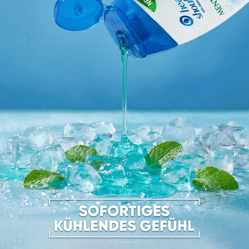 Blaue Flüssigkeit fließt auf Eiswürfel und Minzblätter, darunter Text "SOFORTIGES KÜHLENDES GEFÜHL"