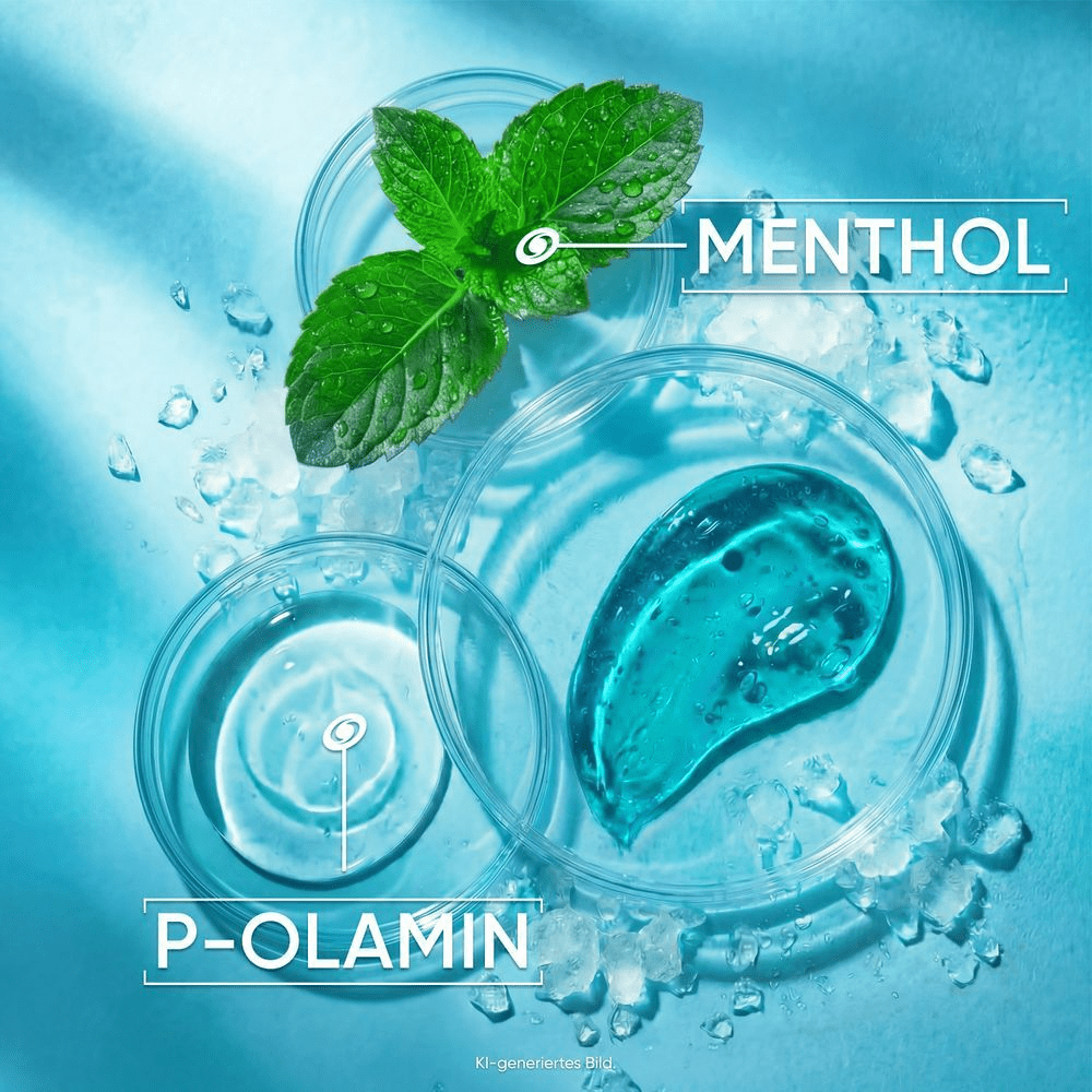 Frische Minzblätter und Laborschalen mit Menthol- und P-Olamin-Wirkstoffen auf blauem Hintergrund.