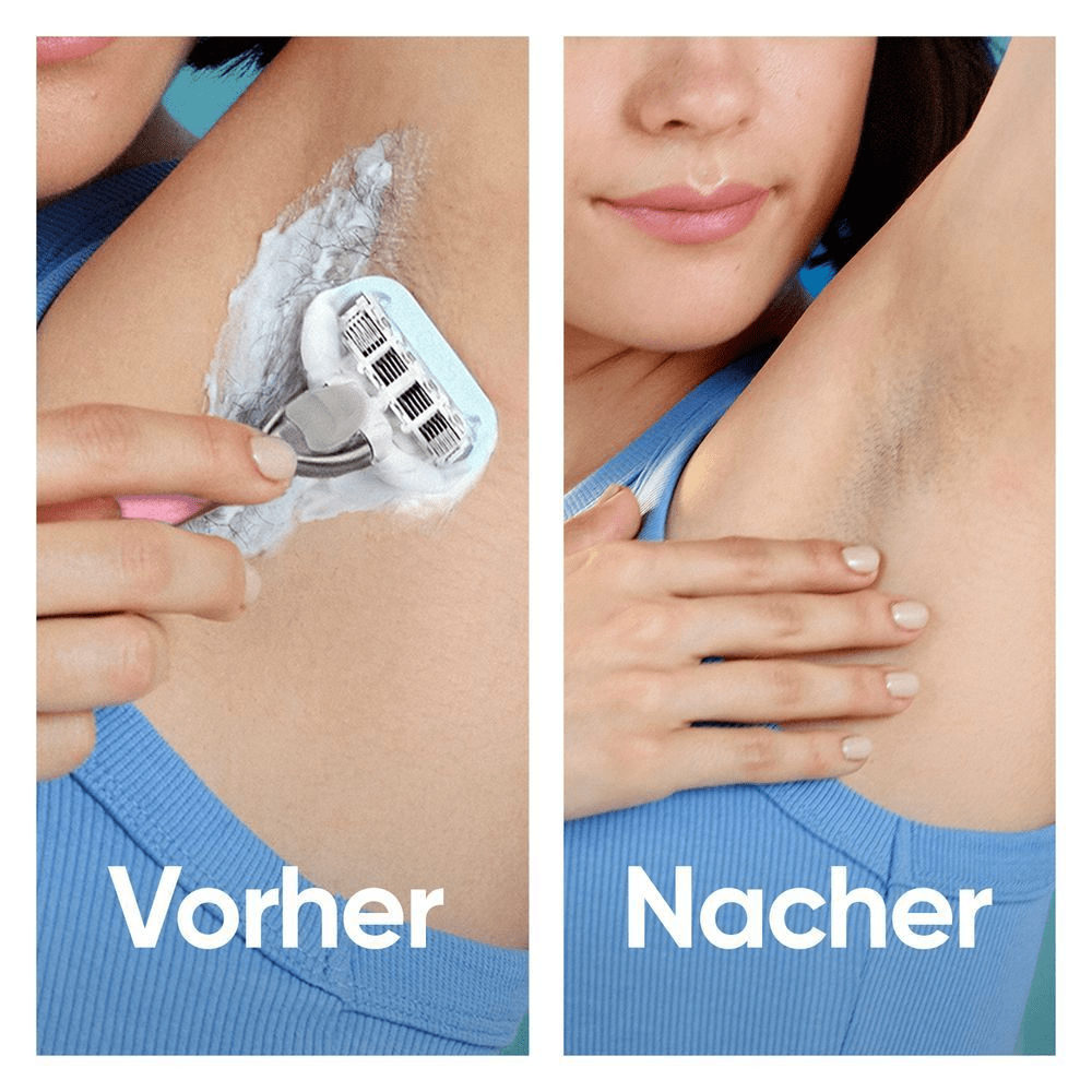 Vorher und Nacher-Bild einer Frau, die sich mit einem Gillette Damenrasierer die Achseln rasiert.