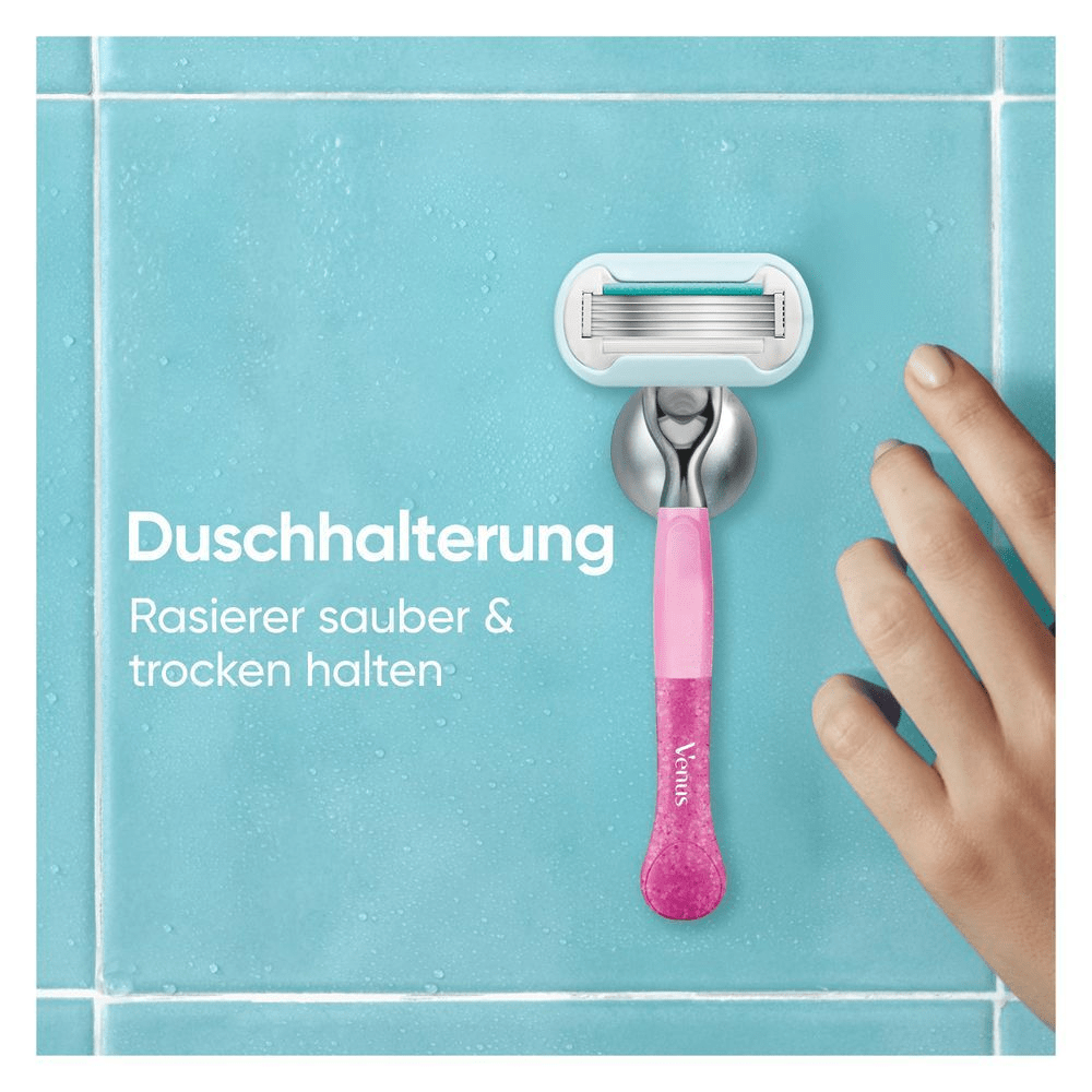 Eine neue Duschhalterung sorgt dafür, dass der Rasierer zwischen den Rasuren sauber und trocken bleibt