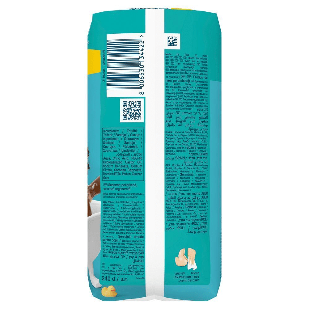 Pampers FeuchttÃ¼cher-Verpackung mit Zutatenliste und dem Hinweis Frisch & Sauber. [HR] Pampers vlaÅ¾ne maramice, pakiranje od 240 komada. [CS] Pampers vlhÄenÃ© ubrousky, balenÃ­ 240 ks. [HU] Pampers tÃ¶rlÅkendÅ csomagolÃ¡s, 240 darabos kiszerelÃ©ssel. [SK] Pampers vlhÄenÃ© obrÃºsky, balenie 240 kusov. [SL] Pampers vlaÅ¾ilni robÄki, embalaÅ¾a, s poudarkom na koliÄini 240 kosov.