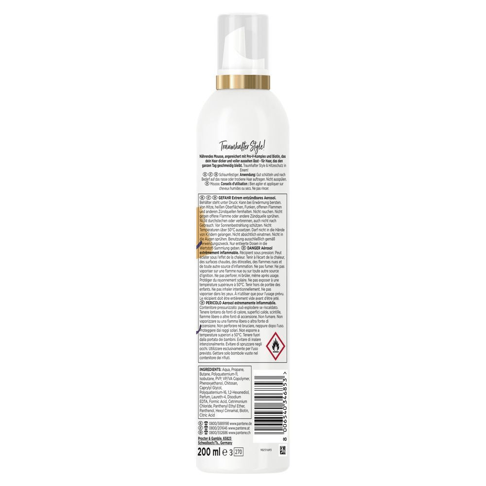 Pantene Pro-V 200ml Nährendes Mousse, angereichert mit Pro-V-Komplex und Biotin, für dickeres und voller aussehendes Haar mit Hitzeschutz.