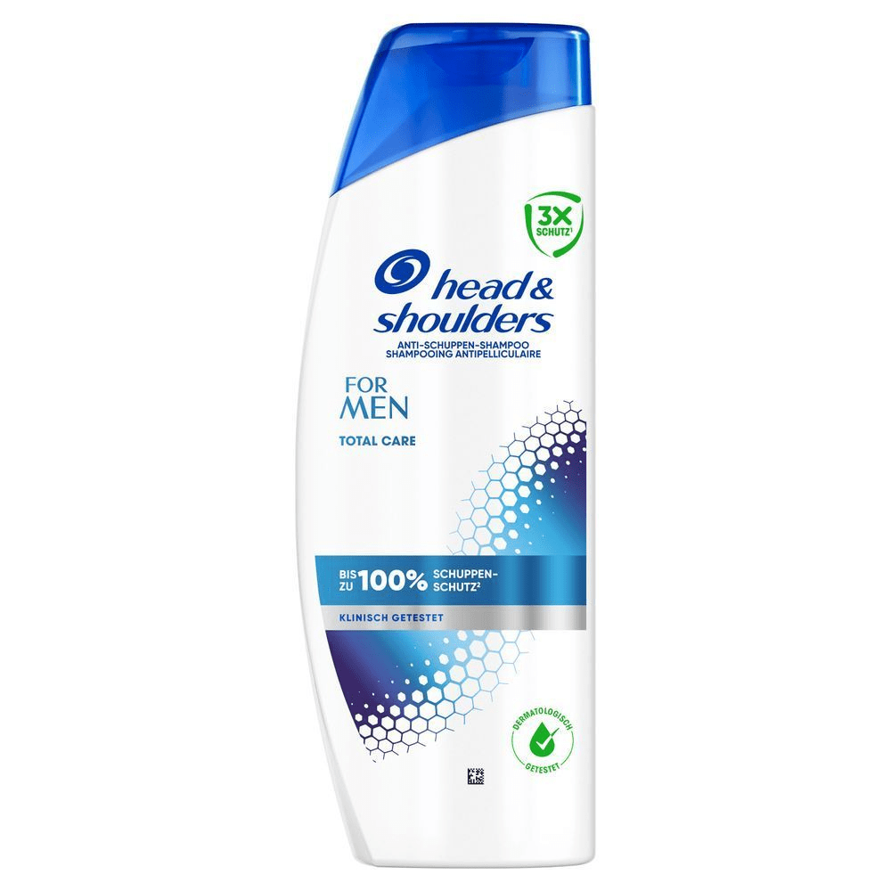 Head & Shoulders Anti-Schuppen Shampoo For Men Total Care Flasche, die bis zu 100% Schuppen-Schutz bewirbt.