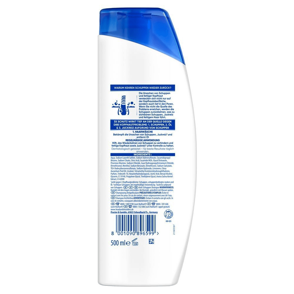 Head & Shoulders Anti-Schuppen Shampoo, 500 ml, mit 3-fach Schutz gegen Schuppen, Öl und Juckreiz.