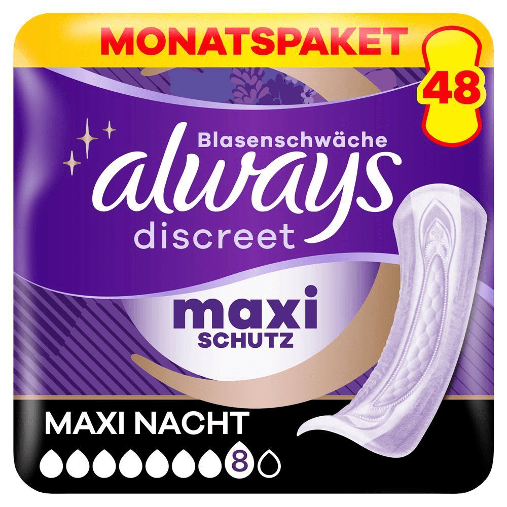 Always Discreet Maxi Nacht Monatspaket, 48 Stück, mit Maxi Schutz. [EN] Always Discreet pads, size maxi night, 8 drops, 48 count, without wings, sensitive bladder, maxi protection. Plastic pack front panel in purple, Always logo dark purple. Monthly pack highlighted at the top in red caps on a yellow banner.