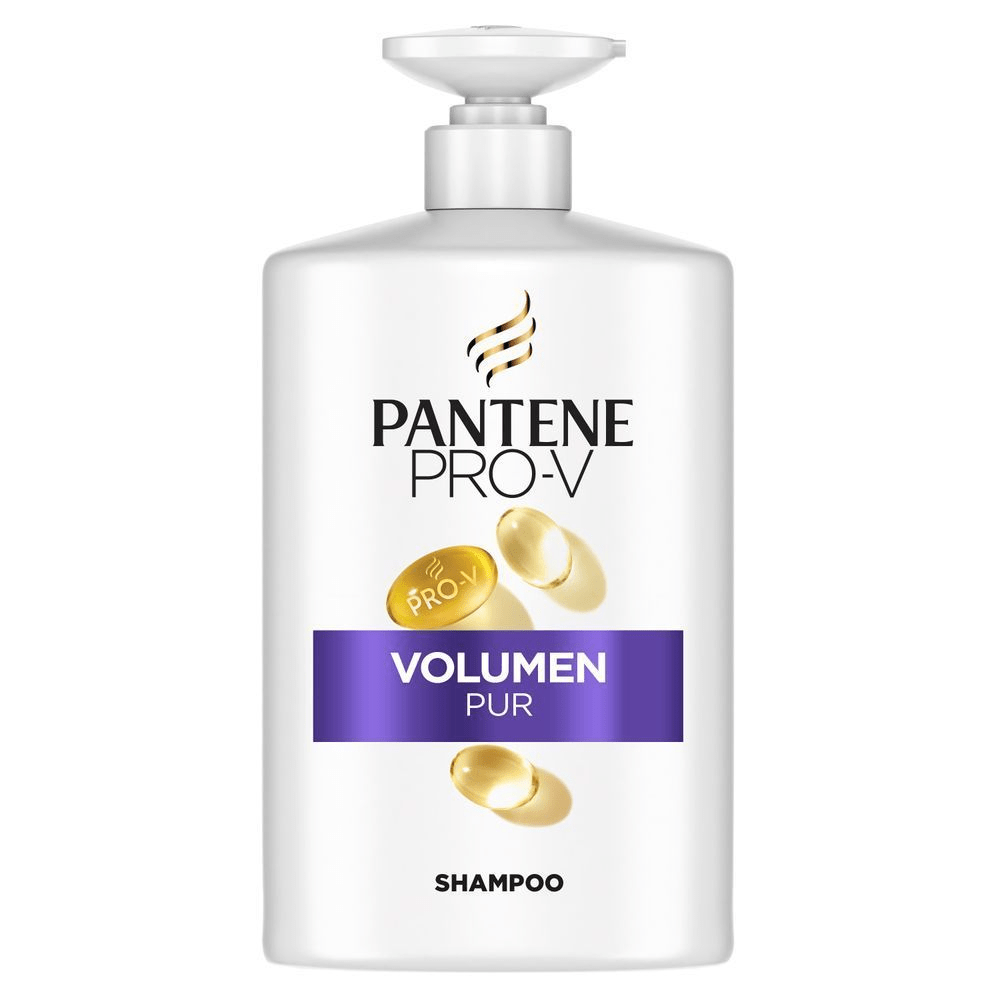Pantene Pro-V Volumen Pur Shampoo in weißer Flasche mit violettem Etikett, das "Volumen Pur" hervorhebt.