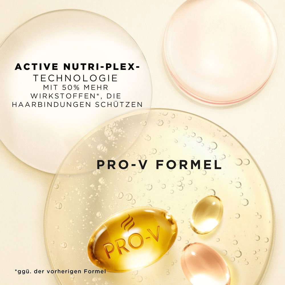 Pantene Pro-V: Active Nutri-Plex Technologie mit 50% mehr Wirkstoffen, die Haarbindungen schützen, dank der Pro-V Formel.