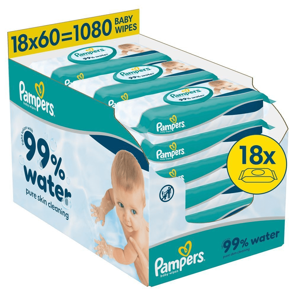 Pampers 99% Water Feuchttücher, 18x60=1080 Stück, mit leichter Lotion mit 99% Wasser für eine natürliche Hautreinigung. [EN] Pampers Baby Wipes 18x60 pack, totalling 1080 wipes, highlighting 99% water pure skin cleaning on the packaging. [RO] Pampers baby wipes, cutie cu 18 pachete, fiecare pachet evidențiind formula cu 99% apă pentru curățarea delicată a pielii. [HR] Pampers vlažne maramice, pakiranje od 18 komada s 99% vode za čišćenje kože. [CS] Pampers dětské ubrousky, 18 balení s 99% vody pro čistou pokožku. [HU] Pampers baba törlőkendő 18x csomag, 99% vízzel a tiszta bőrért. [SK] Pampers detské vlhčené utierky, balenie 18x, 99% vody pre čistú pokožku. [SL] Pampers otroški robčki, 1080 kosov, pakiranje z 99% vode za čisto kožo.