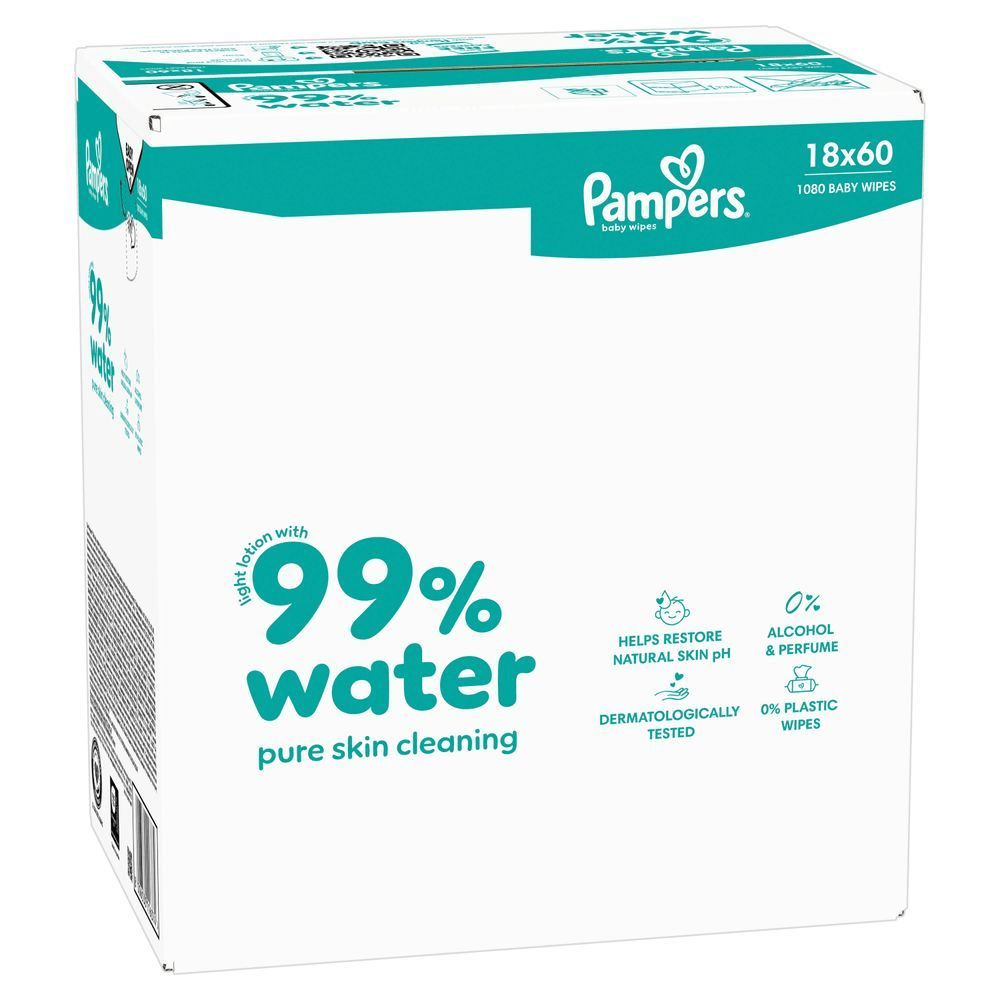 Pampers Baby-Feuchttücher, 99% Wasser un 0% Plastik im Tuch.