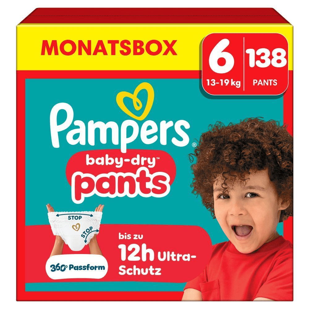 Pampers Baby-Dry Pants Monatsbox, Größe 6, 138 Stück, mit bis zu 12 Stunden Ultra-Schutz.