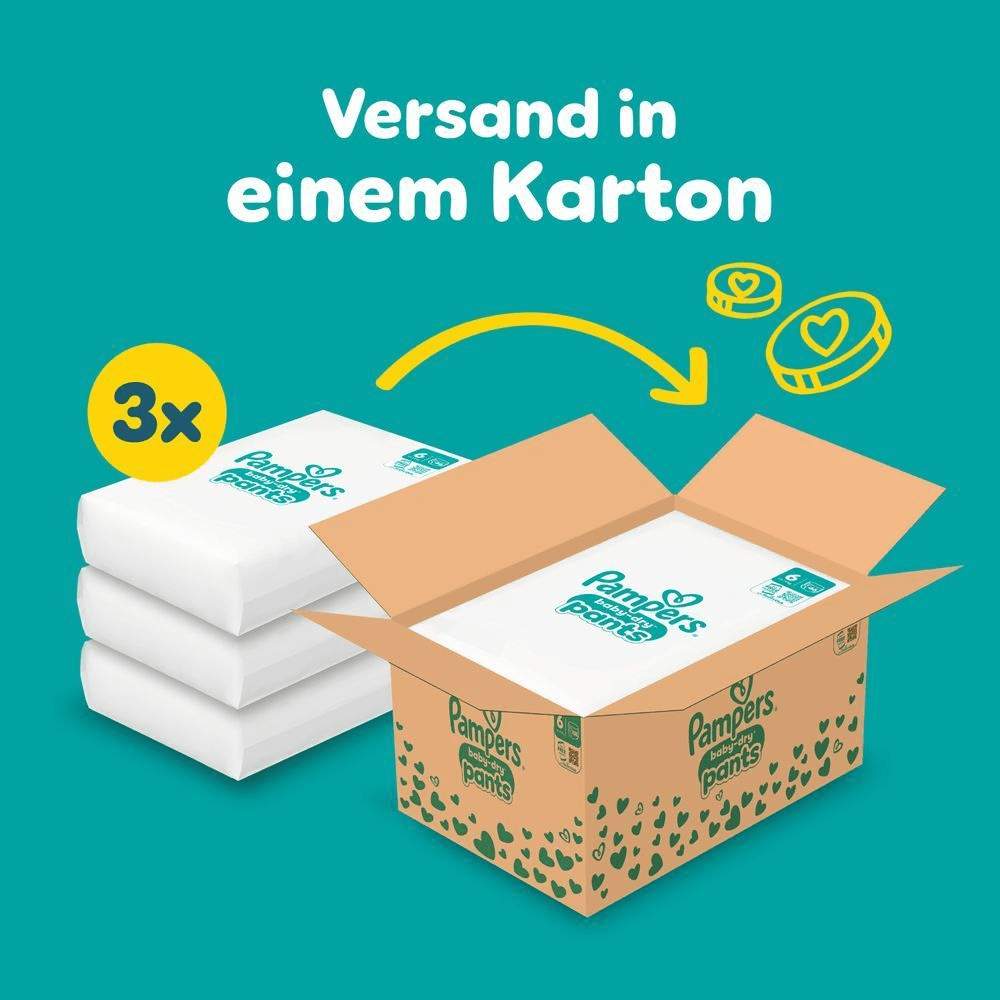 Das Bild zeigt, dass 3 Pampers Baby-Dry Pants Größe 6 in einer Monatsbox inkludiert sind und in einem Karton versendet werden.