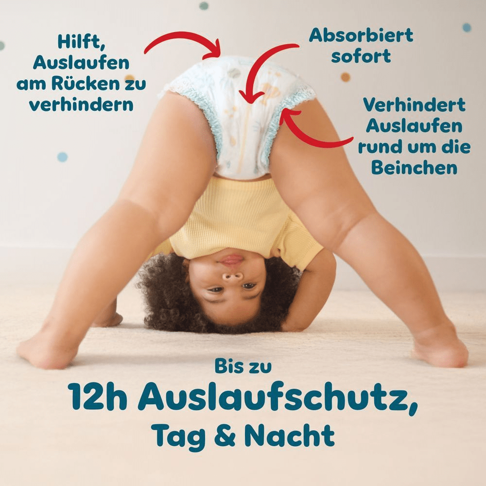 Pampers Windel, die Auslaufen am Rücken verhindert, sofort absorbiert und Auslaufen rund um die Beinchen verhindert für bis zu 12 Stunden Auslaufschutz.