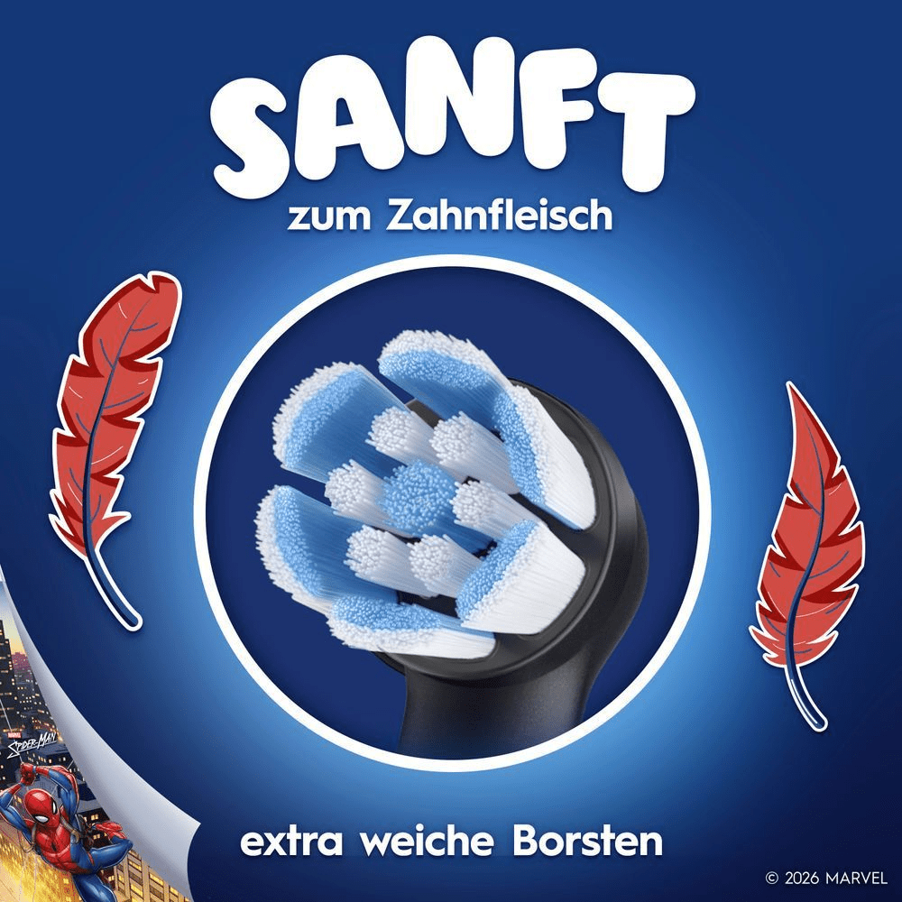 Abbildung eines Bürstenkopfs mit Feder-symbolen, die die Sanftheit betonen. Spiderman ist in der Ecke zu sehen.