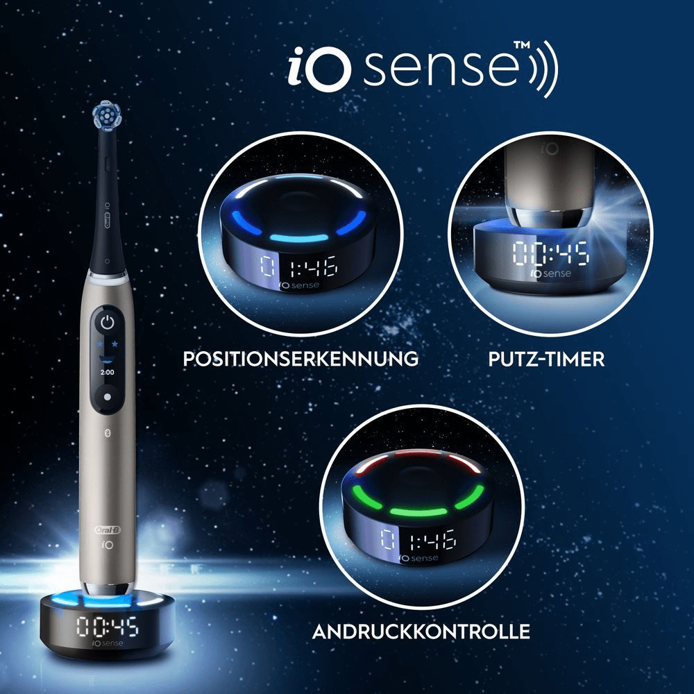 Goldene iO10 Zahnbürste mit 3 Ausschnitten zu iOsense: Positionserkennung, Timer, Andruckkontrolle.