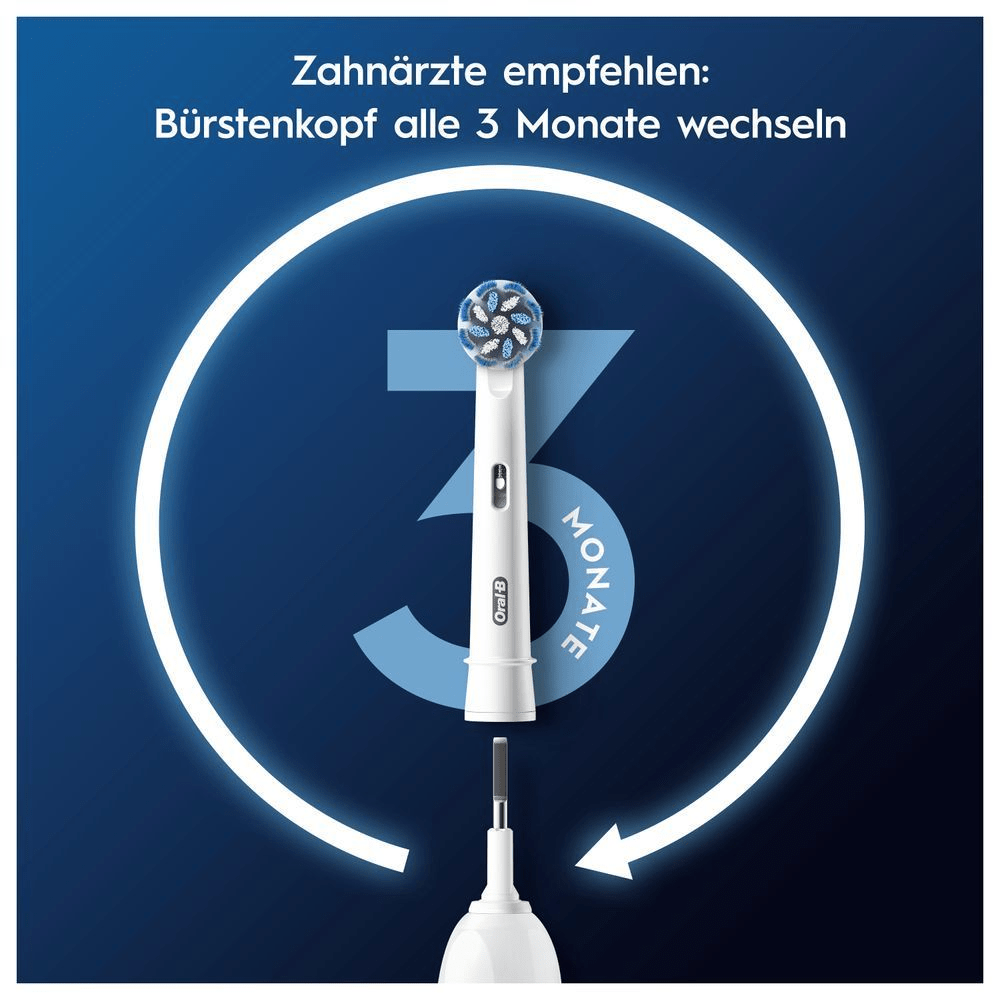 Oral-B Bürstenkopf, umgeben von einem Kreis und der Zahl 3, um den empfohlenen 3-Monats-Wechsel zu verdeutlichen.