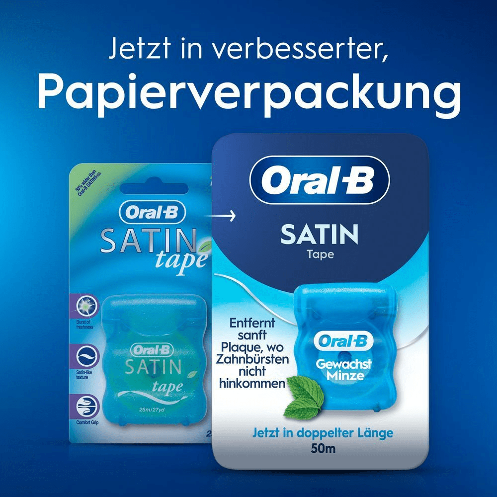 Vorher-Nachher-Bilder der Oral-B Zahnseide von der Original-Plastikverpackung zur Papierverpackung.