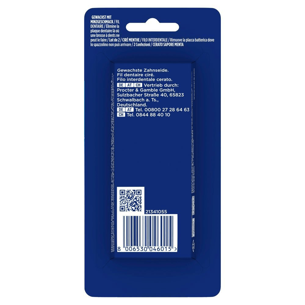 Oral-B Zahnseide, gewachst mit Minzgeschmack, eliminiert Plaque dort, wo eine Zahnbürste nicht hinkommt, zwei Stück pro Packung.