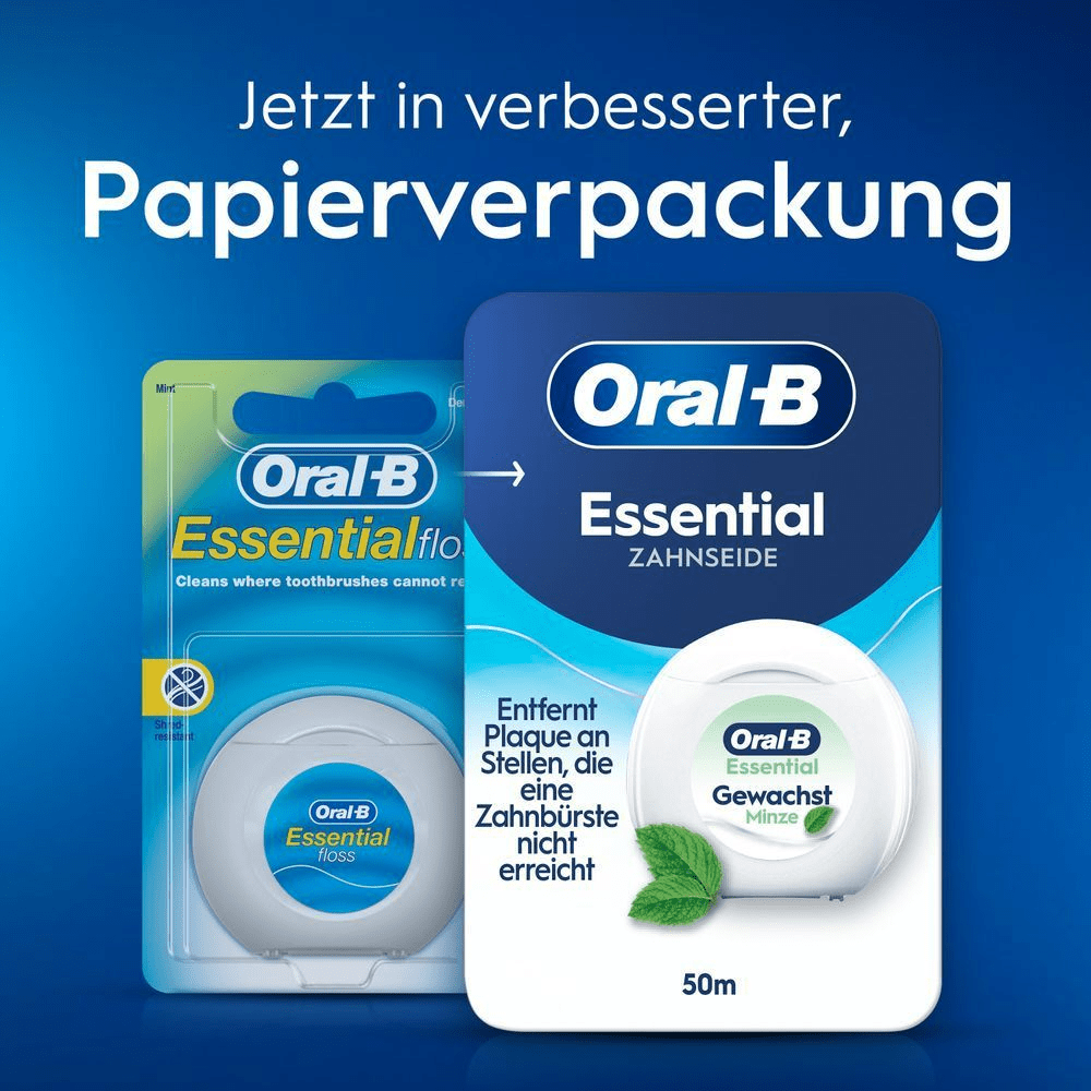 Vorher-Nachher-Bilder der Oral-B Zahnseide von der Original-Plastikverpackung zur Papierverpackung.