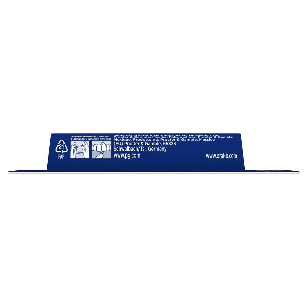 Oral-B Verpackung mit Herstellerinformationen und Hinweisen zur korrekten Anwendung des Produkts mit 45cm Zahnseide.