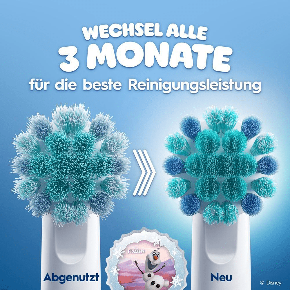 Vergleich von einer abgenutzen Aufsteckbürste ggü. einer neuen Aufsteckbürste. Olaf ist in der Mitte zu sehen.