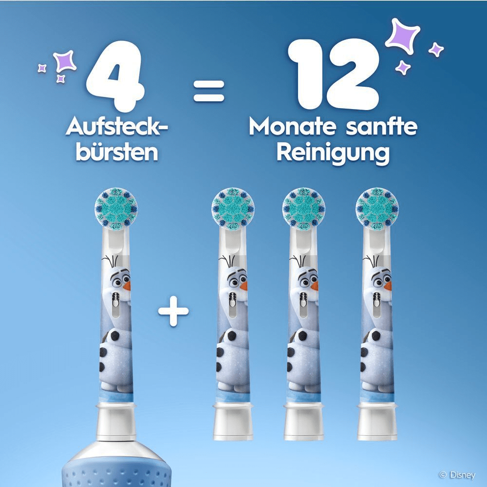Zahnbürste mit Aufsteckbürste + 3 Aufsteckbürsten daneben.