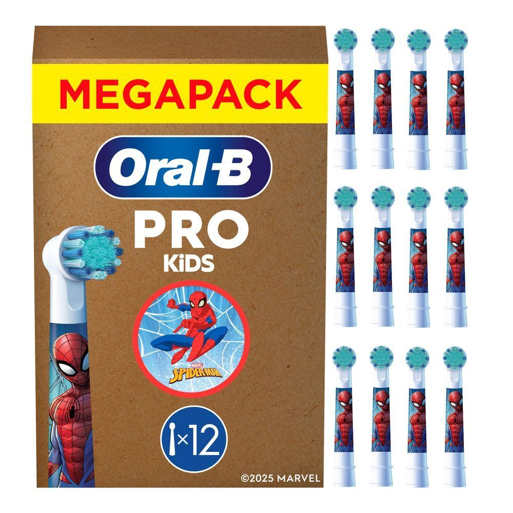 Oral-B PRO Kids Aufsteckbürsten Megapack mit Spiderman-Motiv, 12 Stück, passend für Oral-B elektrische Zahnbürsten für Kinder.