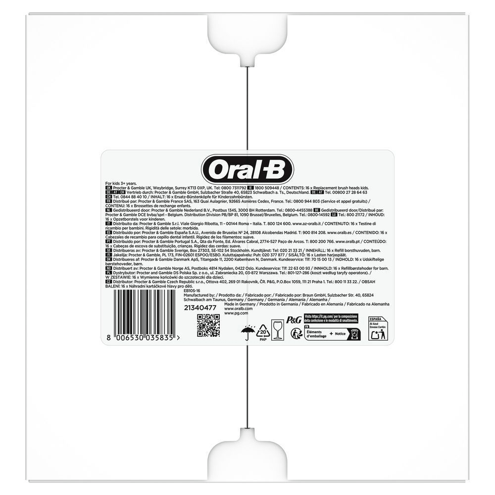 Oral-B Packung mit 16 Ersatz-Bürstenköpfen. [ES] Pegatina de la caja de Oral-B cabezales de recambio para niños, 16 unidades, para cepillos eléctricos, filamentos suaves.