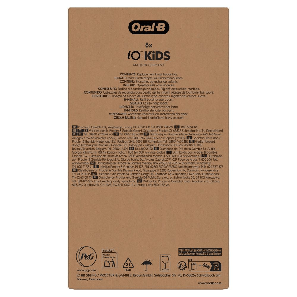 Oral-B iO Kids 8er-Pack Ersatz-Bürstenköpfe für Kinderzahnbürsten, hergestellt in Deutschland. [NL] Oral-B iO Kids opzetborstels, 8 stuks, voor kindertandenborstels. [PL] Oral-B iO Kids, zestaw 8 wymiennych końcówek do szczoteczek dla dzieci, wyprodukowano w Niemczech.;