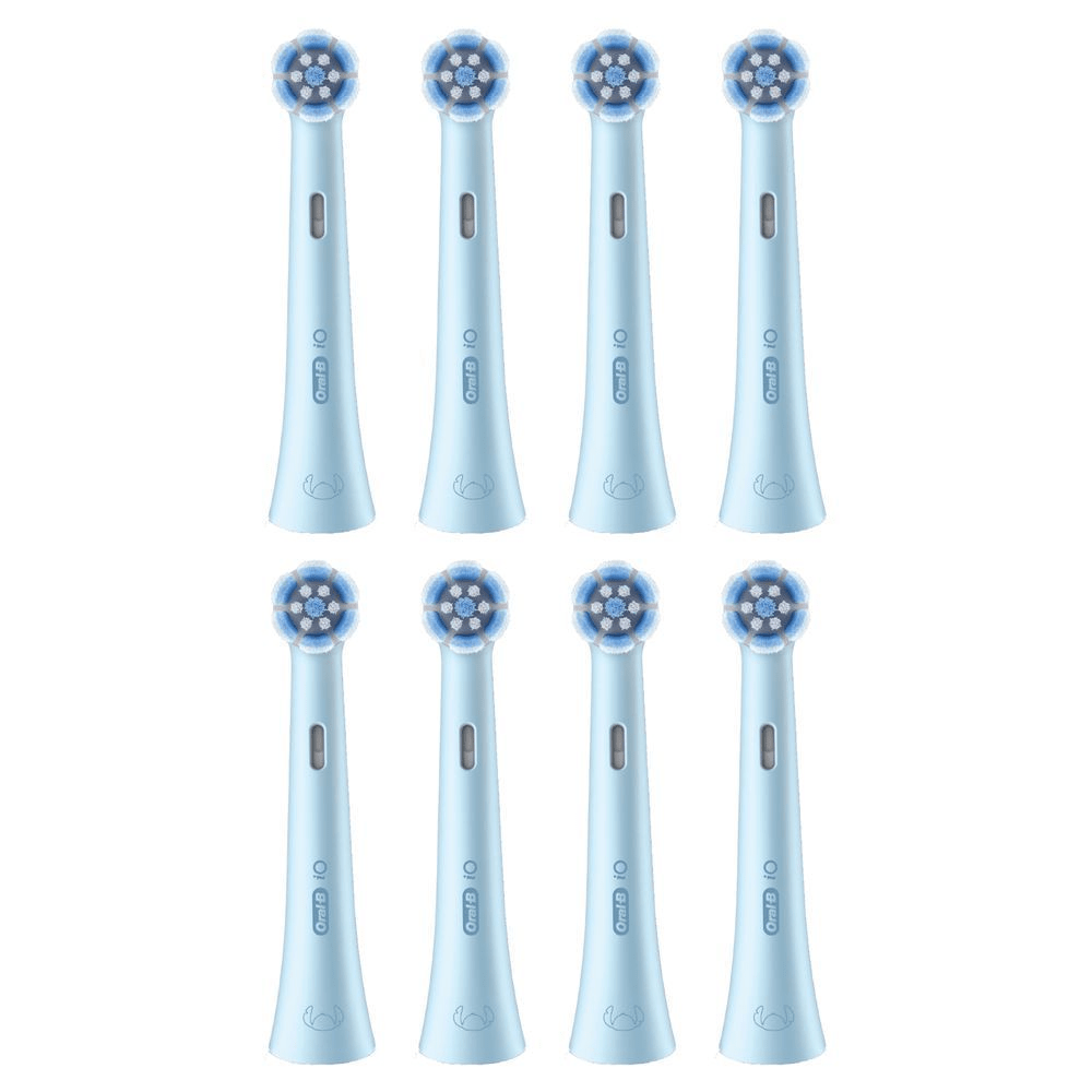 Oral-B iO Aufsteckbürsten, 8 Stück, hellblau, mit Disney Stitch-Design auf den Griffen. [DA] Oral-B iO børstehoveder, 8 stk., med lyseblå farve og diskret Stitch-motiv. [PL] Końcówki do szczoteczek Oral-B iO w kolorze błękitnym, zestaw ośmiu sztuk, z motywem Lilo & Stitch.;