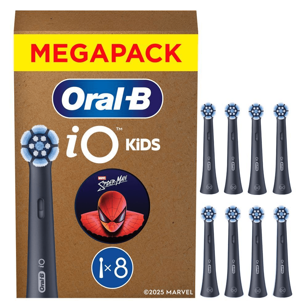 Oral-B iO Kids Aufsteckbürsten im Megapack, mit Spiderman-Motiv und insgesamt 8 Bürstenköpfen.