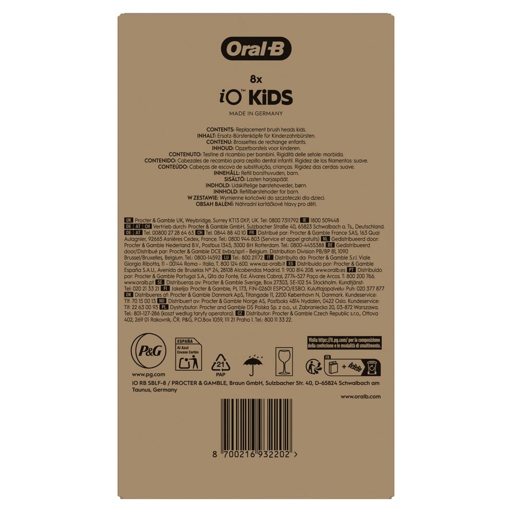 Oral-B iO Kids Ersatz-Bürstenköpfe, 8 Stück, speziell für Kinderzahnbürsten entwickelt. [CS] Oral-B iO Kids balení osmi náhradních kartáčkových hlav pro dětské zubní kartáčky. [PL] Oral-B iO Kids, opakowanie zawierające 8 wymiennych końcówek do szczoteczek dla dzieci.;