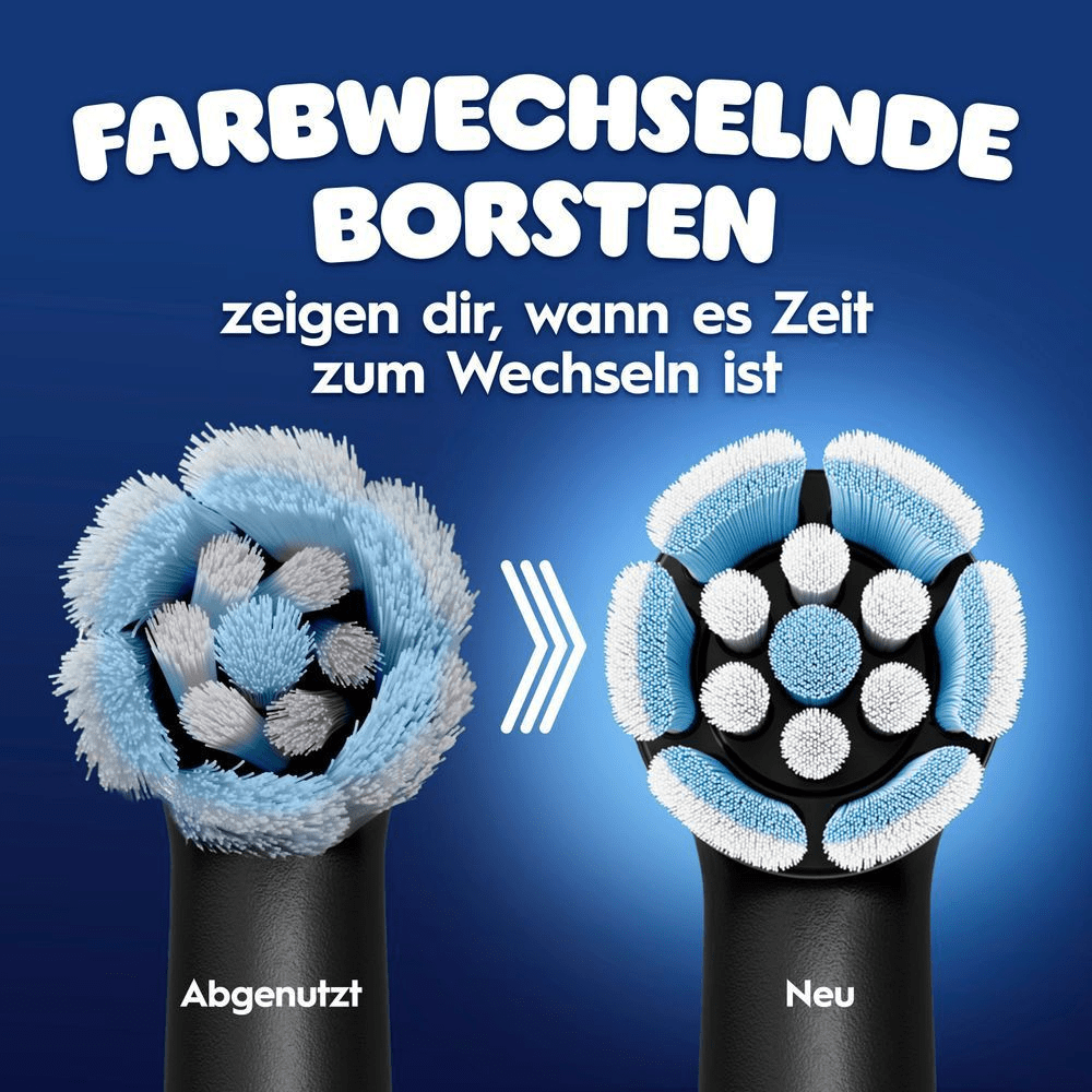 Vergleich von einer abgenutzen iO Aufsteckbürste ggü. einer neuen Aufsteckbürste. Die Borsten verblassen von blau zu weiß.