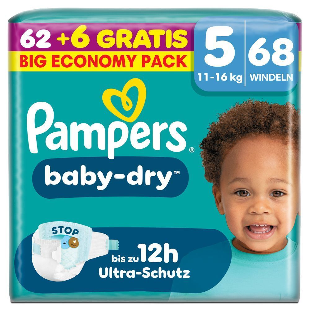 Pampers Baby-Dry Windeln, Gr. 5, 11-16 kg, 62+6 gratis (68 Windeln), bis zu 12h Ultra-Schutz.