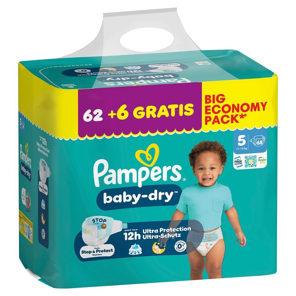 Pampers baby-dry Windeln GröÃe 5, Big Economy Pack, 62+6 gratis, bis zu 12h Ultra-Schutz.